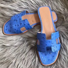 Hermes Oran Slide Sandals In Blue Hydra Ostrich Leather Hermes Oran Slide Sandals In Blue Hydra Ostrich Leather