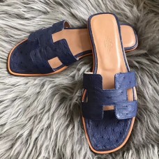 Hermes Oran Slide Sandals In Blue Roy Ostrich Leather Hermes Oran Slide Sandals In Blue Roy Ostrich Leather