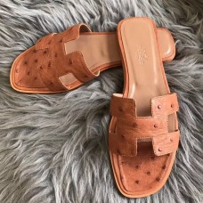 Hermes Oran Slide Sandals In Brown Ostrich Leather Hermes Oran Slide Sandals In Brown Ostrich Leather