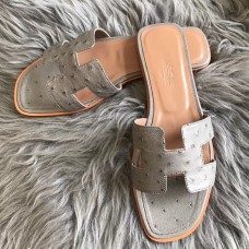 Hermes Oran Slide Sandals In Grey Ostrich Leather Hermes Oran Slide Sandals In Grey Ostrich Leather