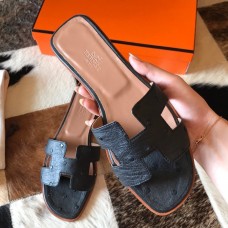 Hermes Oran Slide Sandals In Black Ostrich Leather Hermes Oran Slide Sandals In Black Ostrich Leather