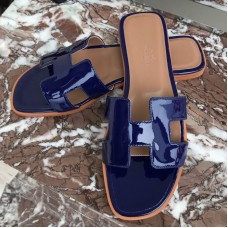 Hermes Oran Slide Sandals In Blue Patent Calfskin Hermes Oran Slide Sandals In Blue Patent Calfskin