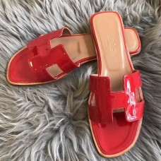 Hermes Oran Slide Sandals In Red Patent Calfskin Hermes Oran Slide Sandals In Red Patent Calfskin