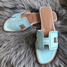 Hermes Oran Slide Sandals In Blue Atoll Epsom Perforated Calfskin Hermes Oran Slide Sandals In Blue Atoll Epsom Perforated Calfskin