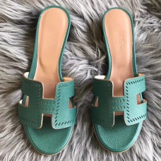 Hermes Oran Slide Sandals In Malachite Epsom Perforated Calfskin Hermes Oran Slide Sandals In Malachite Epsom Perforated Calfskin