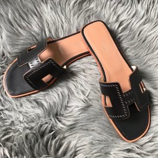Hermes Oran Slide Sandals In Black Swift Perforated Calfskin Hermes Oran Slide Sandals In Black Swift Perforated Calfskin