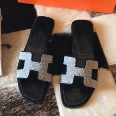Hermes Oran Slide Sandals In Black Suede With Crystal Hermes Oran Slide Sandals In Black Suede With Crystal