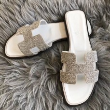 Hermes Oran Slide Sandals In White Suede With Crystal Hermes Oran Slide Sandals In White Suede With Crystal