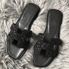 Hermes Oran Slide Sandals In Black Suede With Black Crystal Hermes Oran Slide Sandals In Black Suede With Black Crystal