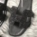 Hermes Oran Slide Sandals In Black Suede With Black Crystal Hermes Oran Slide Sandals In Black Suede With Black Crystal