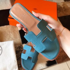 Hermes Oran Slide Sandals In Blue Jean Clemence Leather Hermes Oran Slide Sandals In Blue Jean Clemence Leather