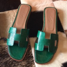 Hermes Oran Slide Sandals In Green Lizard Leather Hermes Oran Slide Sandals In Green Lizard Leather