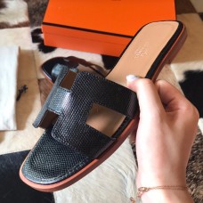 Hermes Oran Slide Sandals In Black Lizard Leather Hermes Oran Slide Sandals In Black Lizard Leather