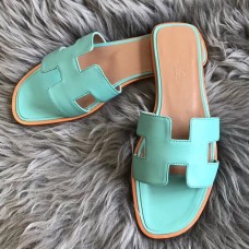 Hermes Oran Slide Sandals In Blue Atoll Swift Calfskin Hermes Oran Slide Sandals In Blue Atoll Swift Calfskin