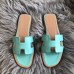 Hermes Oran Slide Sandals In Blue Atoll Swift Calfskin