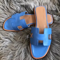 Hermes Oran Slide Sandals In Blue Swift Calfskin Hermes Oran Slide Sandals In Blue Swift Calfskin