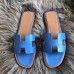 Hermes Oran Slide Sandals In Blue Swift Calfskin Hermes Oran Slide Sandals In Blue Swift Calfskin