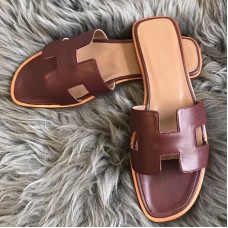 Hermes Oran Slide Sandals In Burgundy Swift Calfskin Hermes Oran Slide Sandals In Burgundy Swift Calfskin
