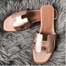 Hermes Oran Slide Sandals In Rose Gold Swift Calfskin Hermes Oran Slide Sandals In Rose Gold Swift Calfskin