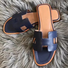 Hermes Oran Slide Sandals In Navy Blue Swift Calfskin Hermes Oran Slide Sandals In Navy Blue Swift Calfskin