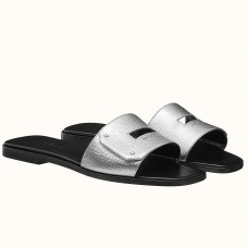 Hermes View Slide Sandals In Silver Epsom Calfskin Hermes View Slide Sandals In Silver Epsom Calfskin