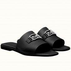 Hermes Villa Slide Sandals In Black Leather Hermes Villa Slide Sandals In Black Leather