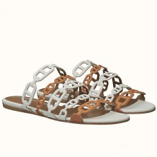 Hermes Thalassa Slide Sandals In Brown/White Lambskin Hermes Thalassa Slide Sandals In Brown/White Lambskin