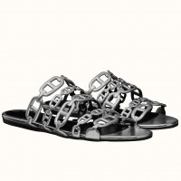 Hermes Thalassa Slide Sandals In Silver Lambskin Hermes Thalassa Slide Sandals In Silver Lambskin