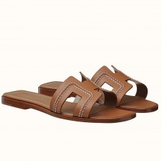 Hermes Oran Slide Sandals In Brown Leather With Stitched Hermes Oran Slide Sandals In Brown Leather With Stitched