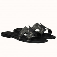 Hermes Oran Slide Sandals In Black Leather With Stitched Hermes Oran Slide Sandals In Black Leather With Stitched