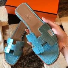 Hermes Oran Slide Sandals In Celeste Shiny Niloticus Crocodile Skin Hermes Oran Slide Sandals In Celeste Shiny Niloticus Crocodile Skin