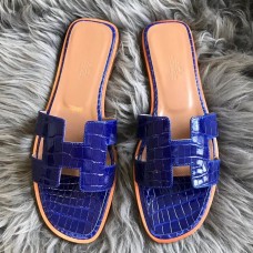 Hermes Oran Slide Sandals In Blue Electric Shiny Niloticus Crocodile Skin Hermes Oran Slide Sandals In Blue Electric Shiny Niloticus Crocodile Skin
