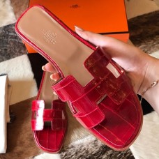 Hermes Oran Slide Sandals In Red Shiny Niloticus Crocodile Skin Hermes Oran Slide Sandals In Red Shiny Niloticus Crocodile Skin