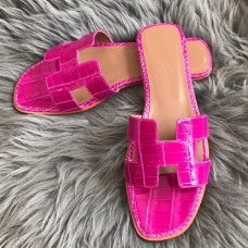 Hermes Oran Slide Sandals In Rose Red Shiny Niloticus Crocodile Skin Hermes Oran Slide Sandals In Rose Red Shiny Niloticus Crocodile Skin