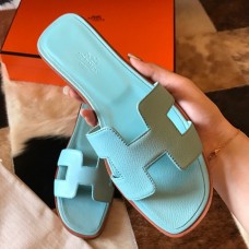 Hermes Oran Slide Sandals In Blue Atoll Epsom Calfskin Hermes Oran Slide Sandals In Blue Atoll Epsom Calfskin
