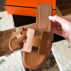Hermes Oran Slide Sandals In Brown Epsom Calfskin Hermes Oran Slide Sandals In Brown Epsom Calfskin