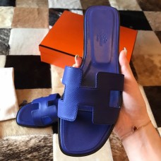 Hermes Oran Slide Sandals In Blue Electric Epsom Calfskin Hermes Oran Slide Sandals In Blue Electric Epsom Calfskin