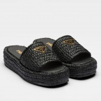 Prada Crochet Flatform Slides in Black Raffia-effect Yarn Prada Crochet Flatform Slides in Black Raffia-effect Yarn