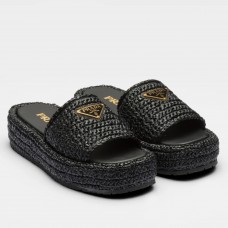 Prada Crochet Flatform Slides in Black Raffia-effect Yarn Prada Crochet Flatform Slides in Black Raffia-effect Yarn