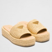 Prada Crochet Flatform Slides in Beige Raffia-effect Yarn Prada Crochet Flatform Slides in Beige Raffia-effect Yarn
