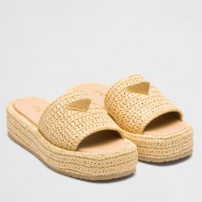 Prada Crochet Flatform Slides in Beige Raffia-effect Yarn Prada Crochet Flatform Slides in Beige Raffia-effect Yarn
