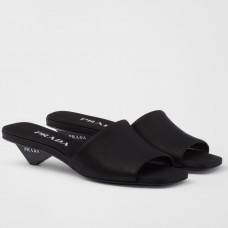 Prada Heeled Slides 35mm in Black Satin Prada Heeled Slides 35mm in Black Satin