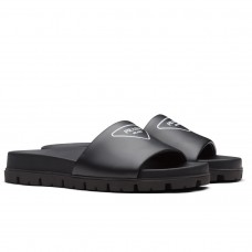 Prada Black Leather Slides with Printed Triangle Logo Prada Black Leather Slides with Printed Triangle Logo