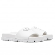 Prada White Leather Slides with Printed Triangle Logo Prada White Leather Slides with Printed Triangle Logo