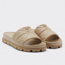 Prada Women's Slides In Beige Quilted Nappa Leather Prada Women's Slides In Beige Quilted Nappa Leather