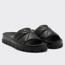 Prada Women's Slides In Black Quilted Nappa Leather Prada Women's Slides In Black Quilted Nappa Leather