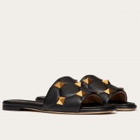Valentino Roman Stud Flat Slides In Black Quilted Nappa Valentino Roman Stud Flat Slides In Black Quilted Nappa