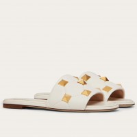 Valentino Roman Stud Flat Slides In White Quilted Nappa Valentino Roman Stud Flat Slides In White Quilted Nappa