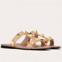 Valentino Roman Stud Flat Slides In Rose Cannelle Calfskin Valentino Roman Stud Flat Slides In Rose Cannelle Calfskin