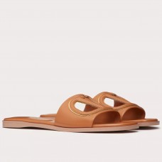 Valentino VLogo Cut-out Slide Sandals in Brown Leather Valentino VLogo Cut-out Slide Sandals in Brown Leather